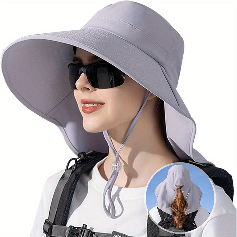 Rollable Wide Brim Sun Hats For Women with Neck Flap Ponytail Hole