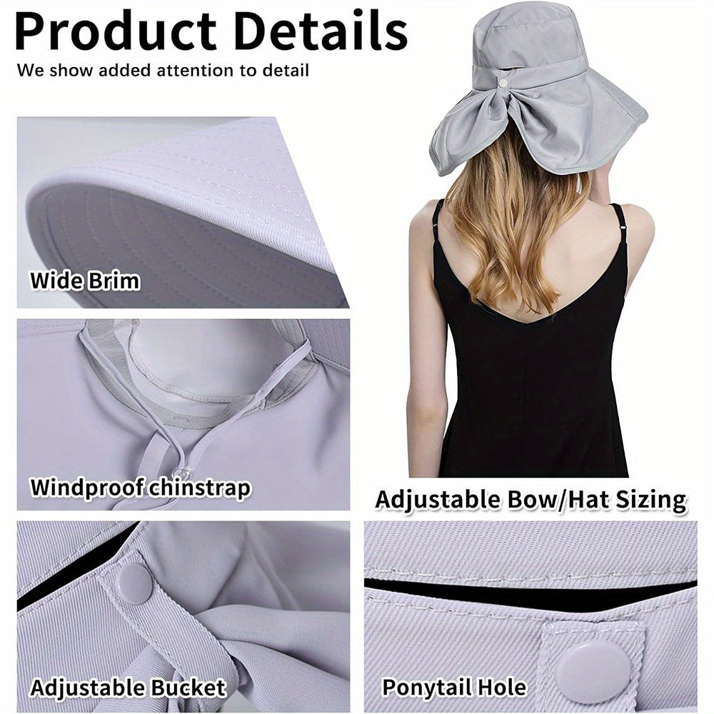 Rollable Wide Brim Sun Hats For Women with Neck Flap Ponytail Hole