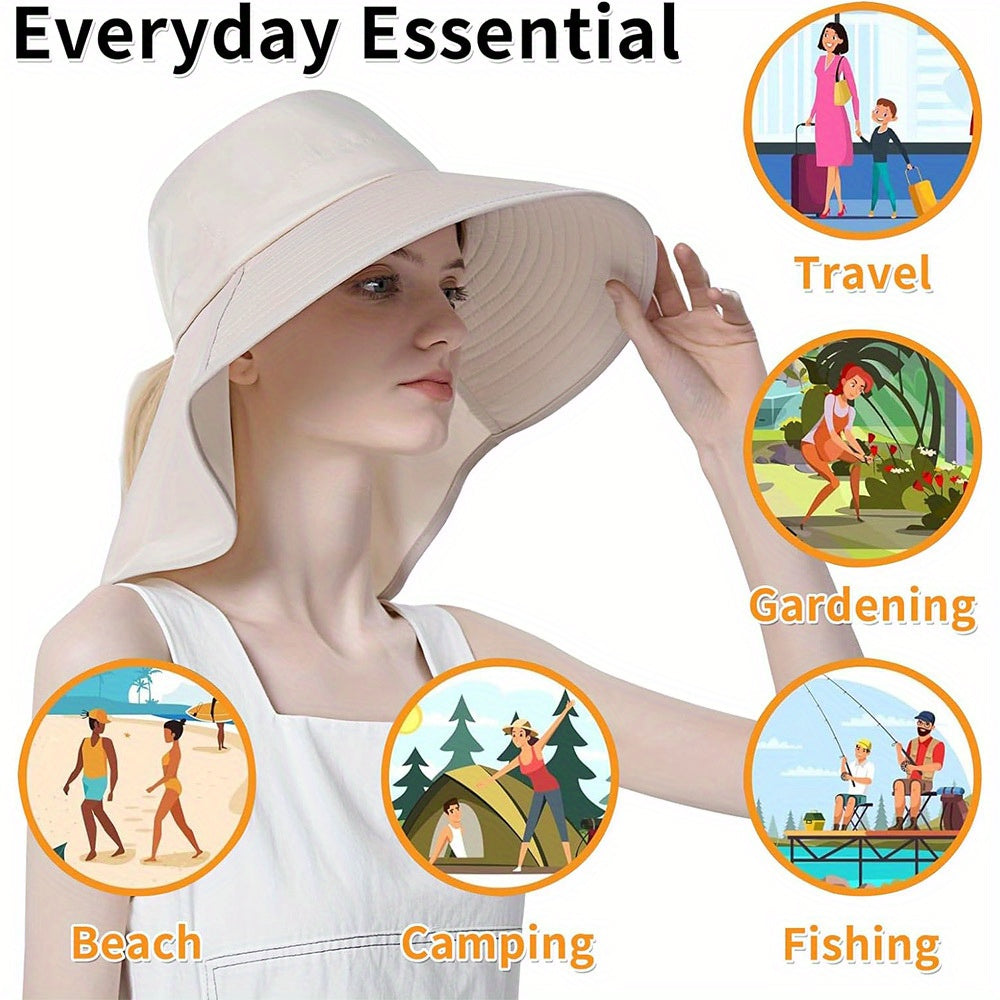 Rollable Wide Brim Sun Hats For Women with Neck Flap Ponytail Hole