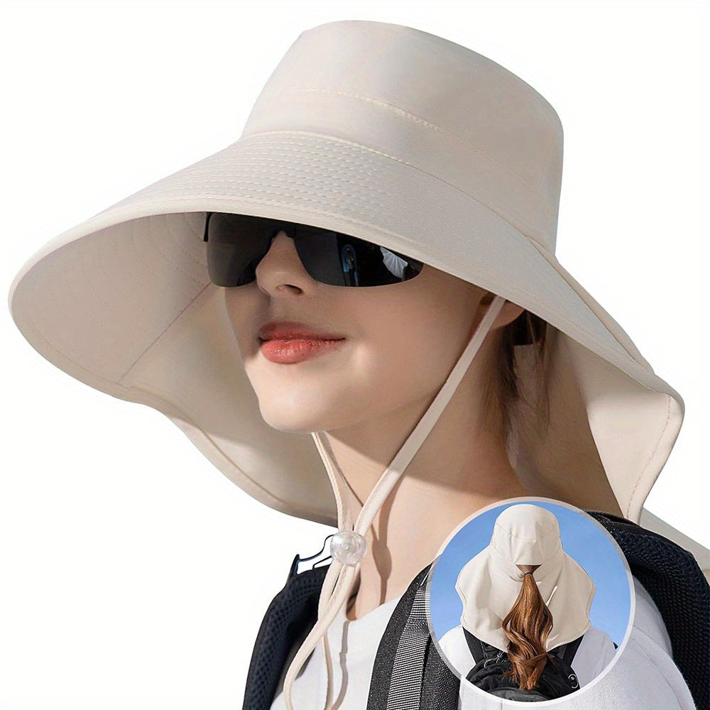 Rollable Wide Brim Sun Hats For Women with Neck Flap Ponytail Hole