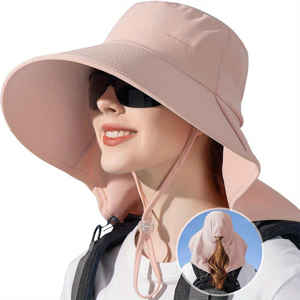 Rollable Wide Brim Sun Hats For Women with Neck Flap Ponytail Hole