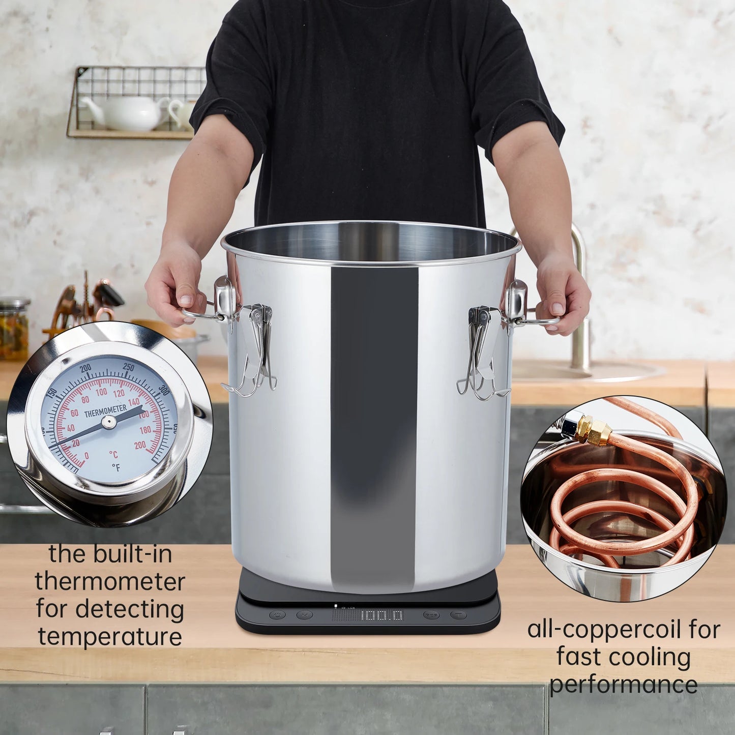 5Gal Stainless Alcohol Distiller w Thermometer Copper Tube Pump