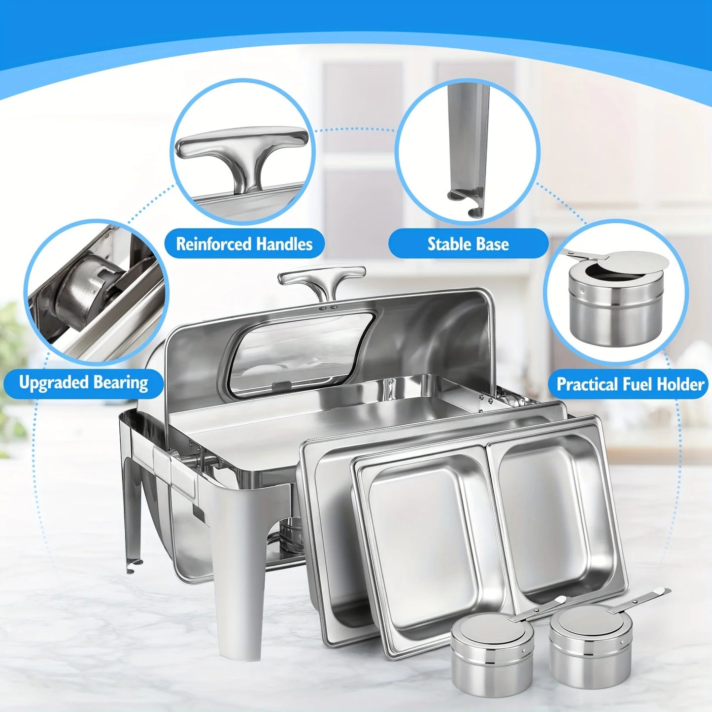 Stainless Steel Roll-Top Chafing Dish Set - 9Qt Cap