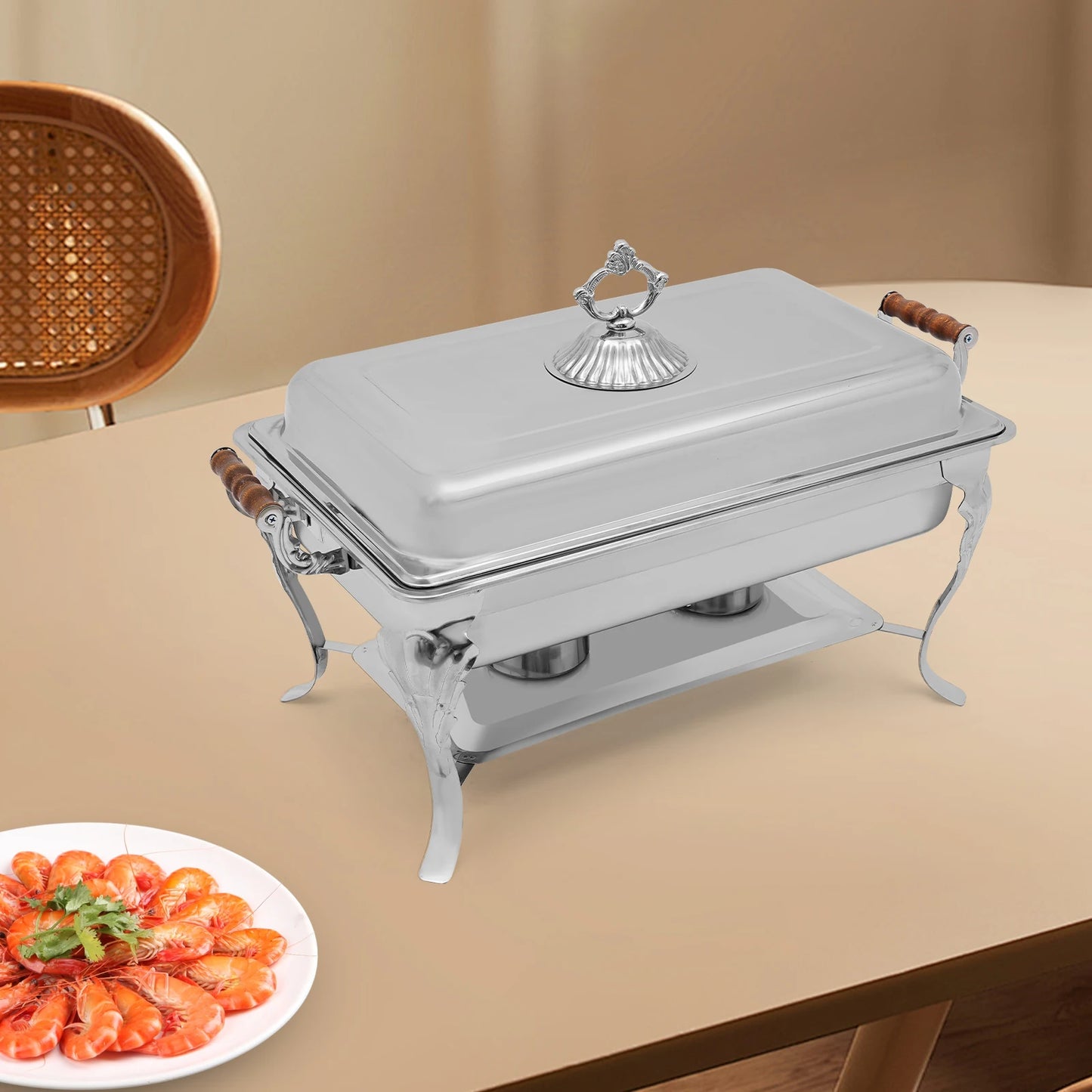 Dish Buffet Set, 9L Stainless Steel with Solid Wood Lid