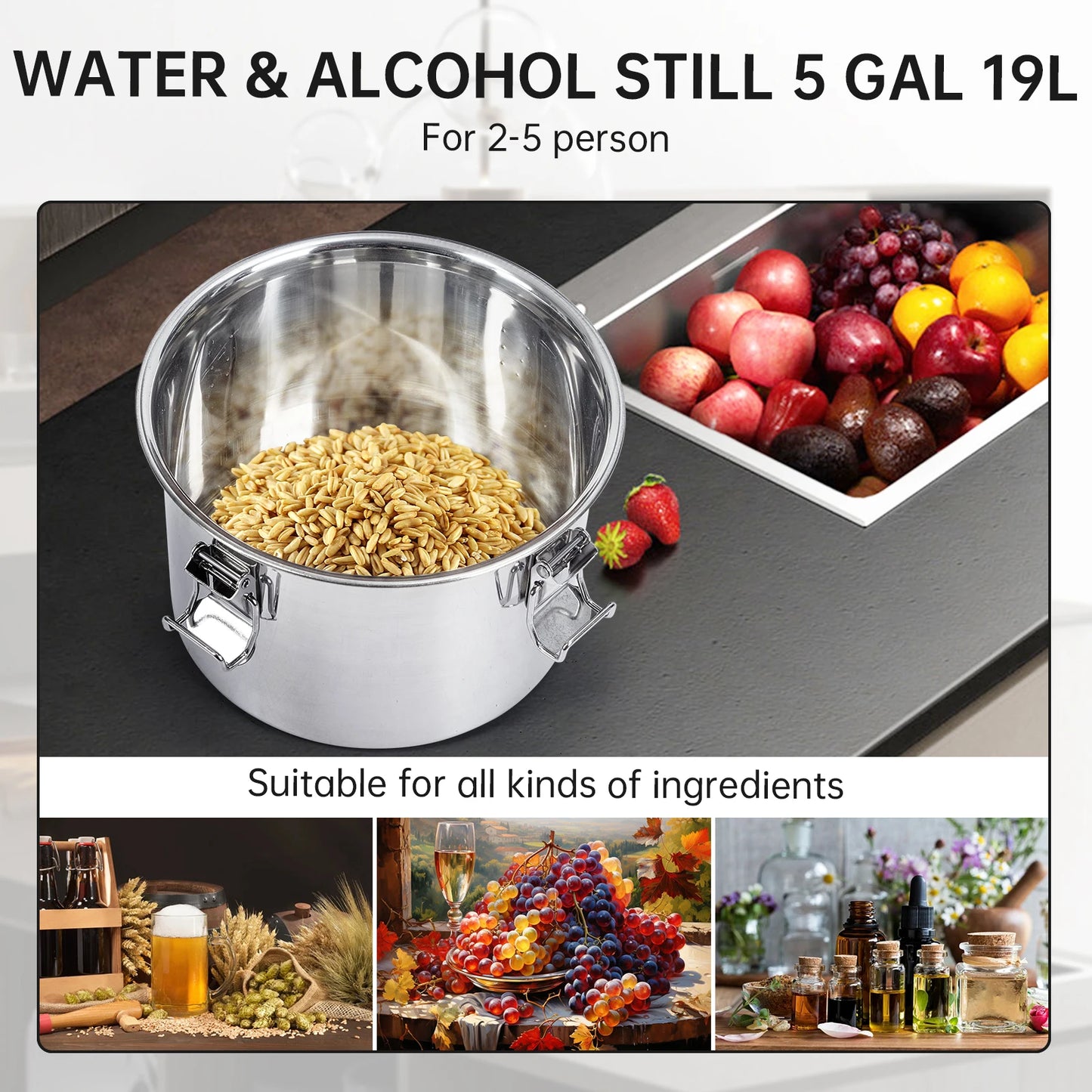 5Gal Stainless Alcohol Distiller w Thermometer Copper Tube Pump