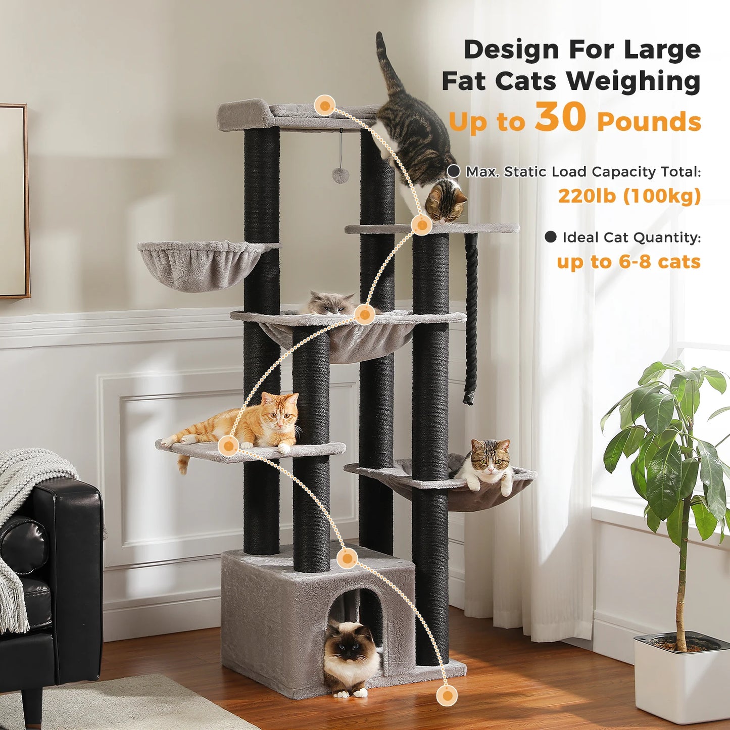 Large Cat Tree for Indoor Cats Thick Scratching Posts Hammock MultiLevel Cat Condo