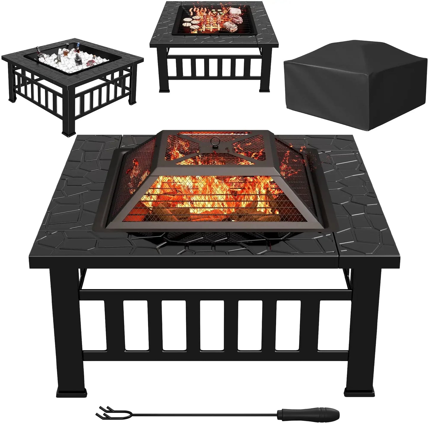 32 Inch Fire Pit Table with Ice Storage Mesh Lid Poker Cover Black