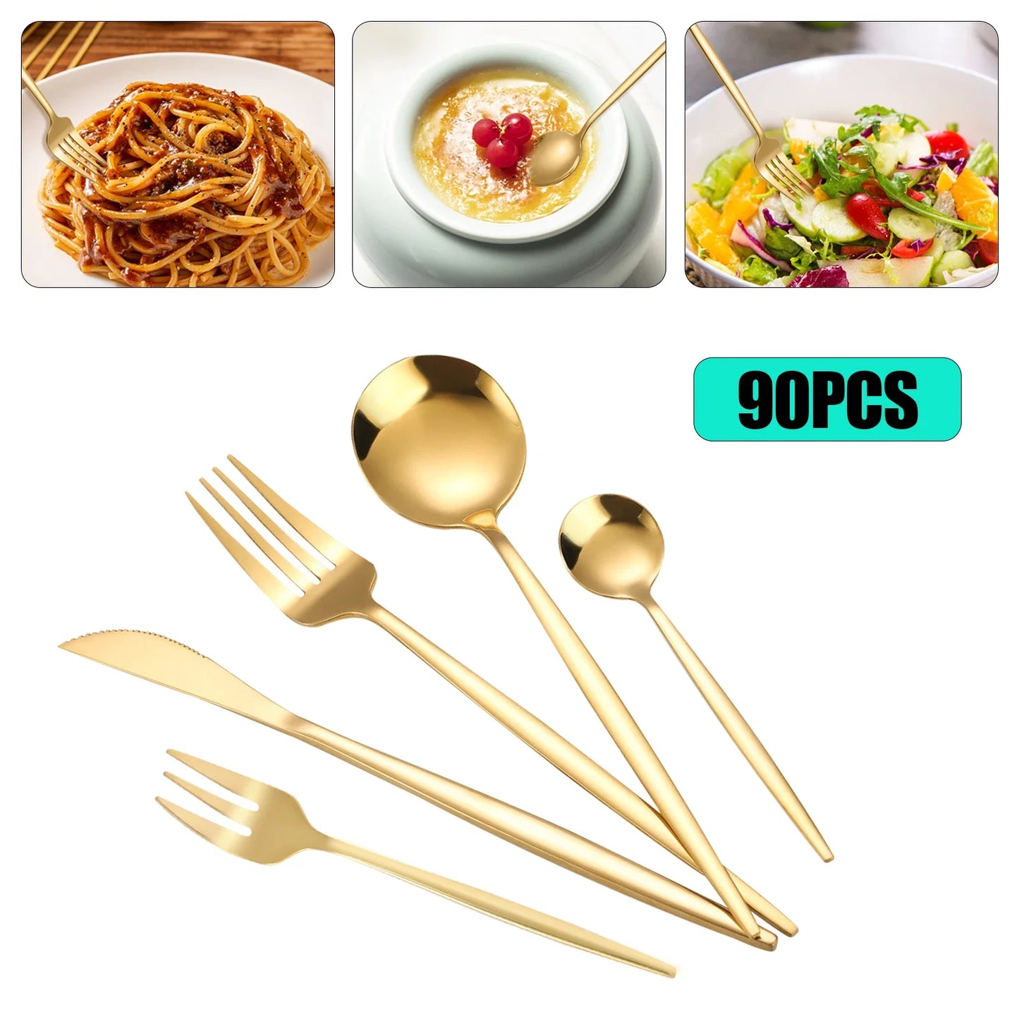 90Pcs Gold Flatware Set Stainless Steel Silverware Kitchen Cutlery Home Restaurant