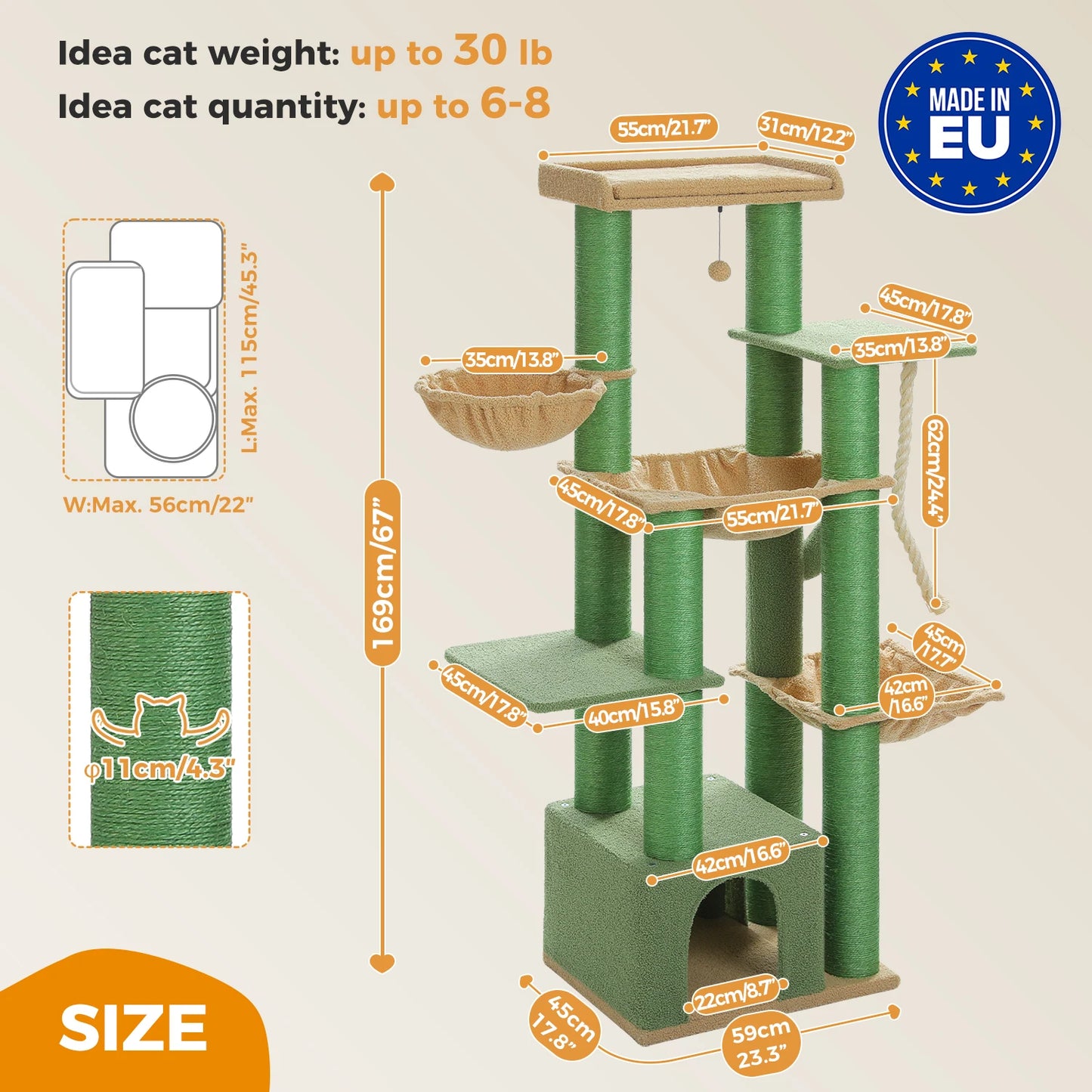 Large Cat Tree for Indoor Cats Thick Scratching Posts Hammock MultiLevel Cat Condo