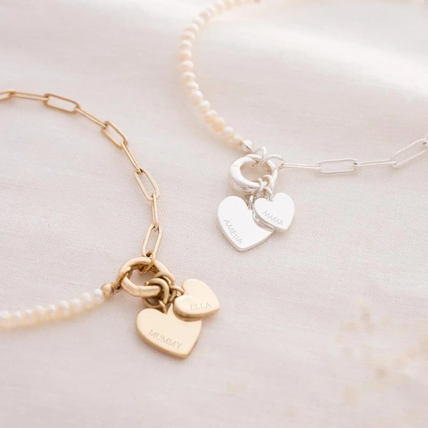 Custom Freshwater Pearl Bracelet Chain Carving Double Heart Personalized Bracelet