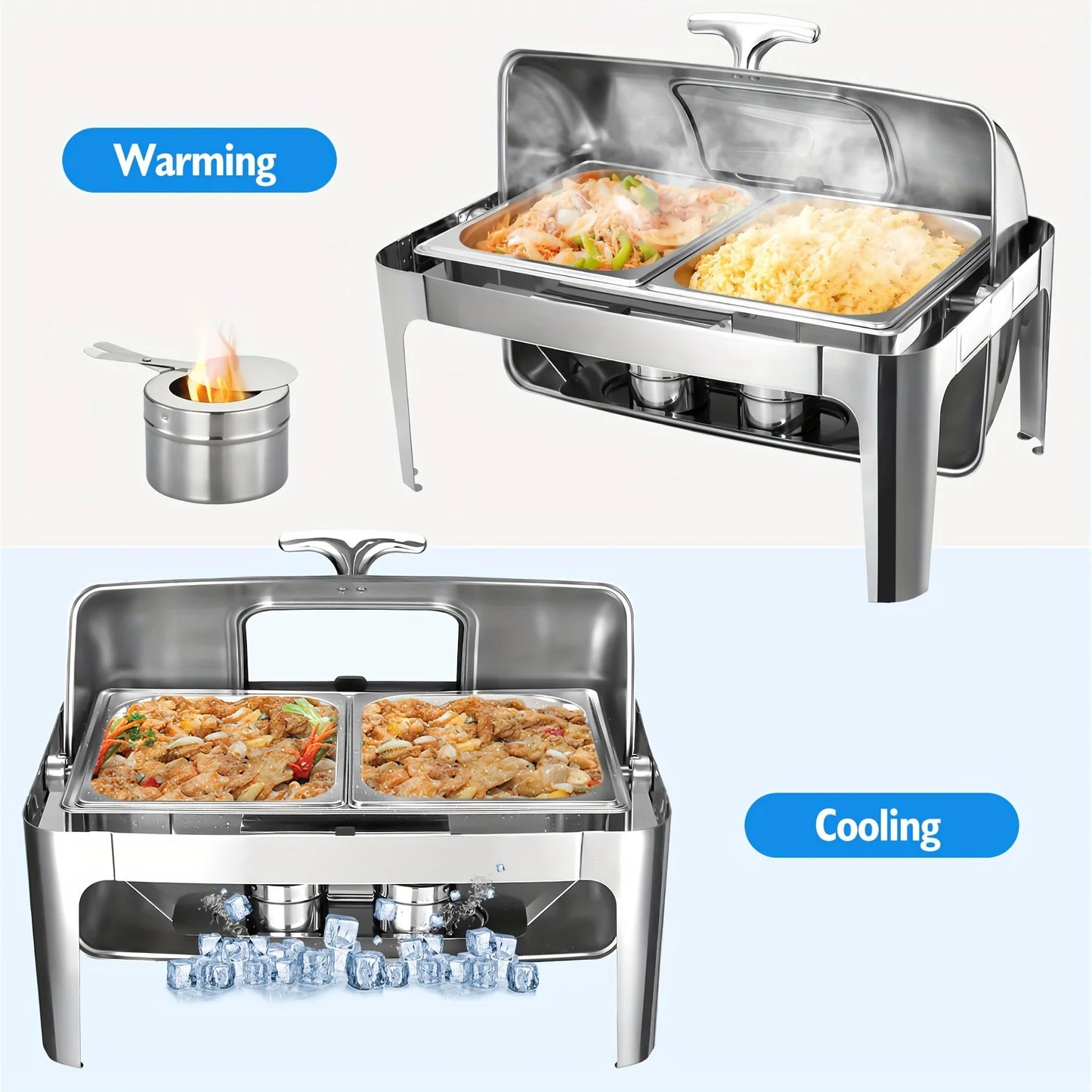 Stainless Steel Roll-Top Chafing Dish Set - 9Qt Cap