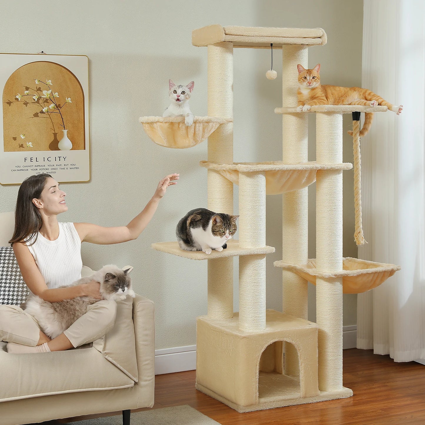 Large Cat Tree for Indoor Cats Thick Scratching Posts Hammock MultiLevel Cat Condo