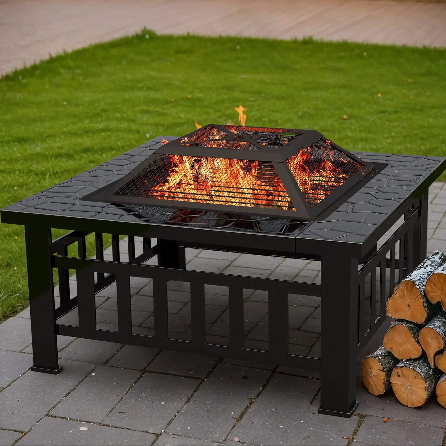 32 Inch Fire Pit Table with Ice Storage Mesh Lid Poker Cover Black