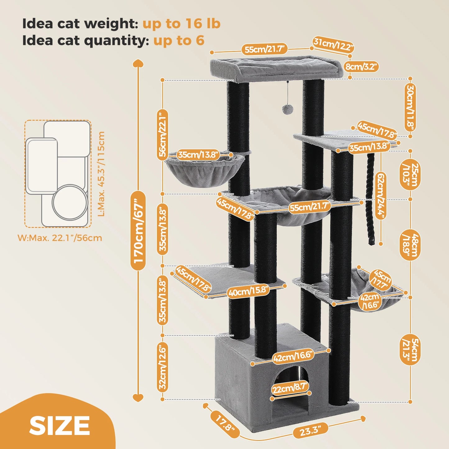 Large Cat Tree for Indoor Cats Thick Scratching Posts Hammock MultiLevel Cat Condo