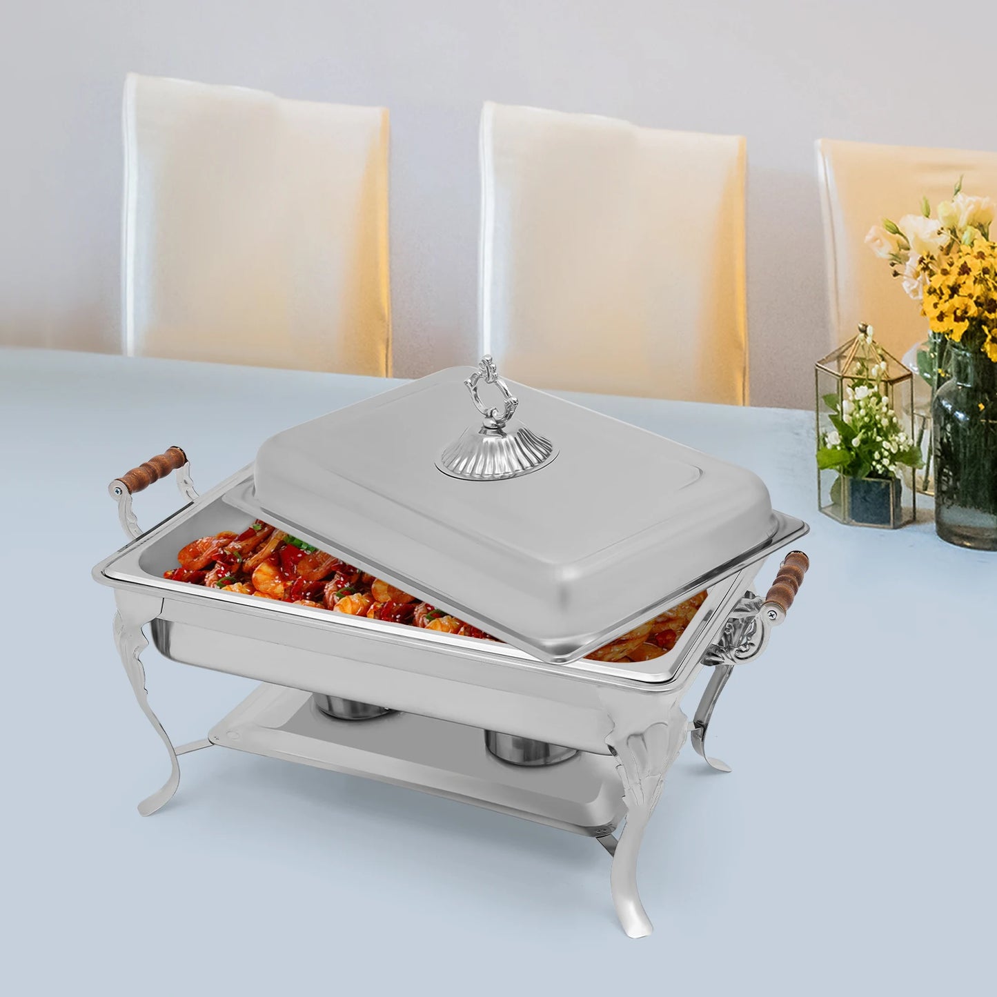 Dish Buffet Set, 9L Stainless Steel with Solid Wood Lid