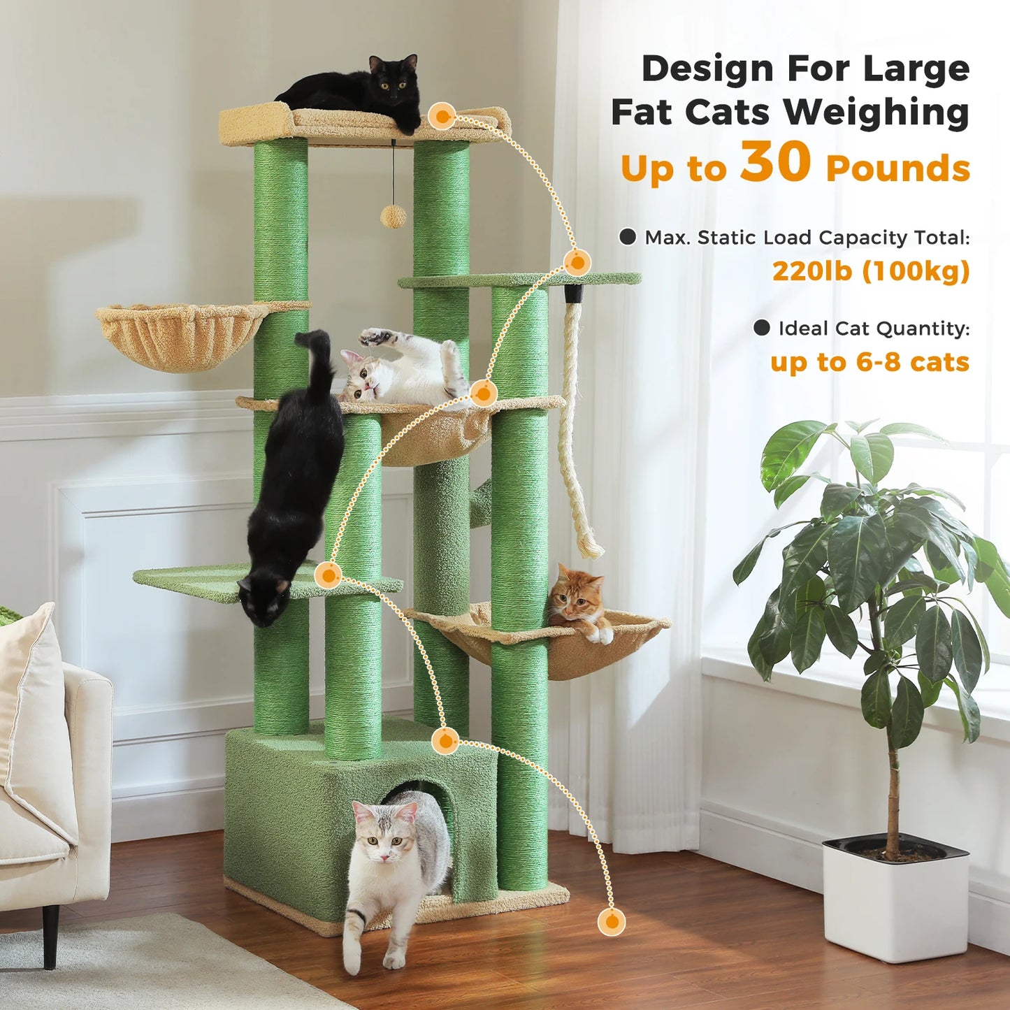 Large Cat Tree for Indoor Cats Thick Scratching Posts Hammock MultiLevel Cat Condo