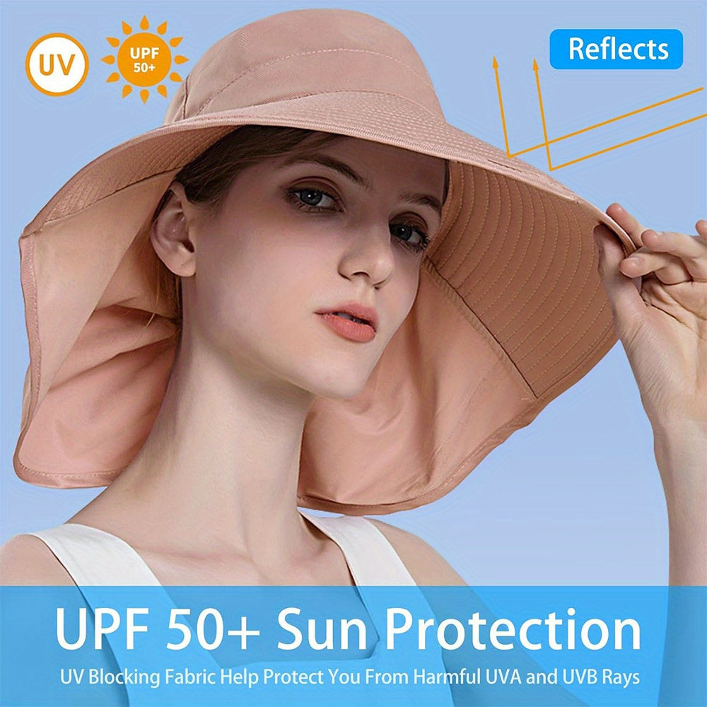 Rollable Wide Brim Sun Hats For Women with Neck Flap Ponytail Hole
