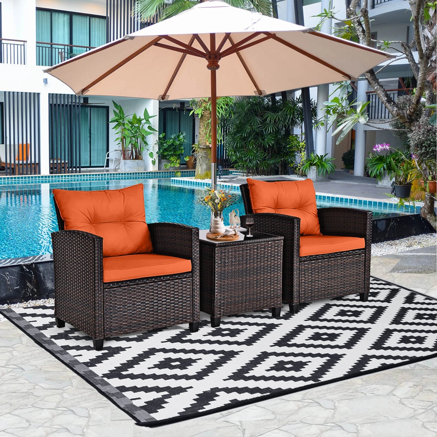 3 Pcs Patio Rattan Furniture Set Cushioned Conversation Sofa Orange