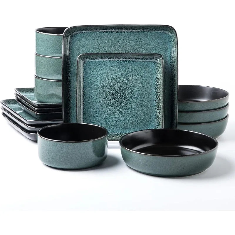 FLACKAR Square Stoneware 16pc Double Bowl Dinnerware Set