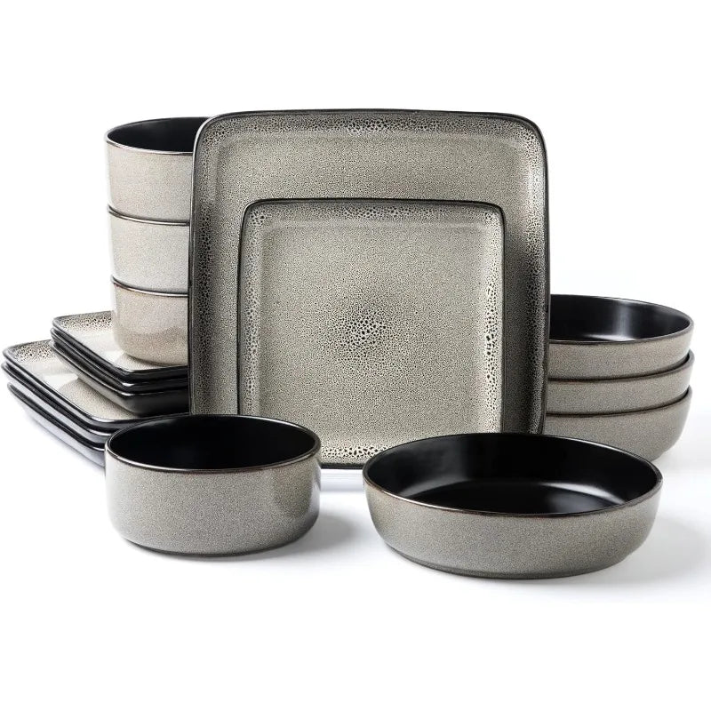 FLACKAR Square Stoneware 16pc Double Bowl Dinnerware Set