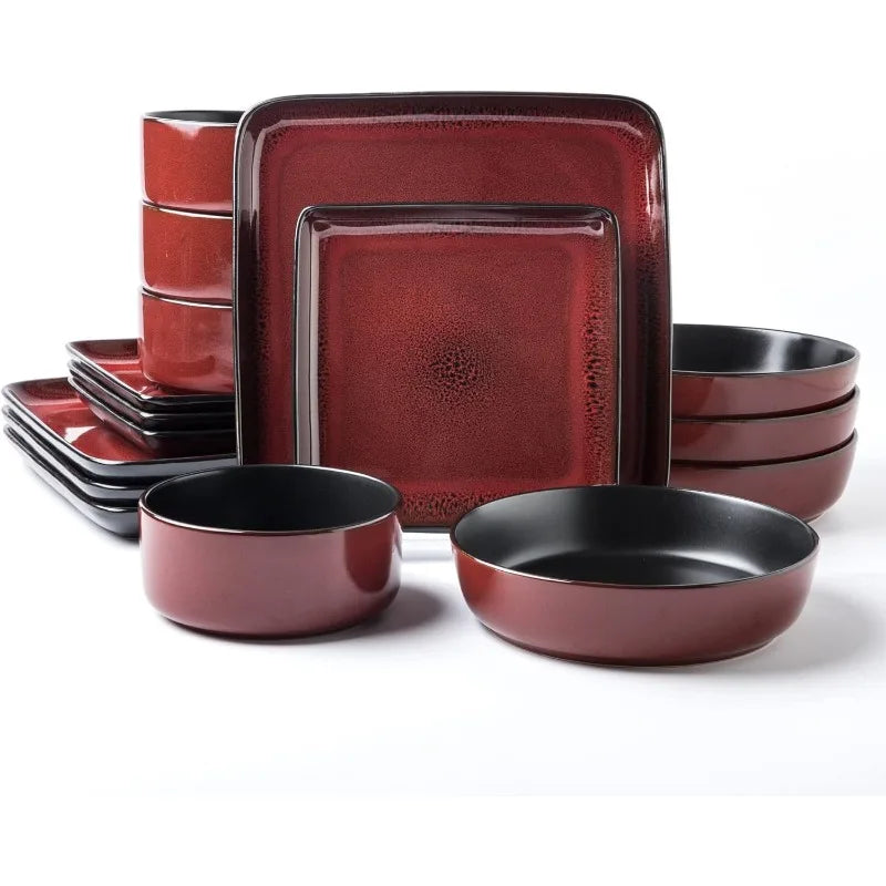 FLACKAR Square Stoneware 16pc Double Bowl Dinnerware Set