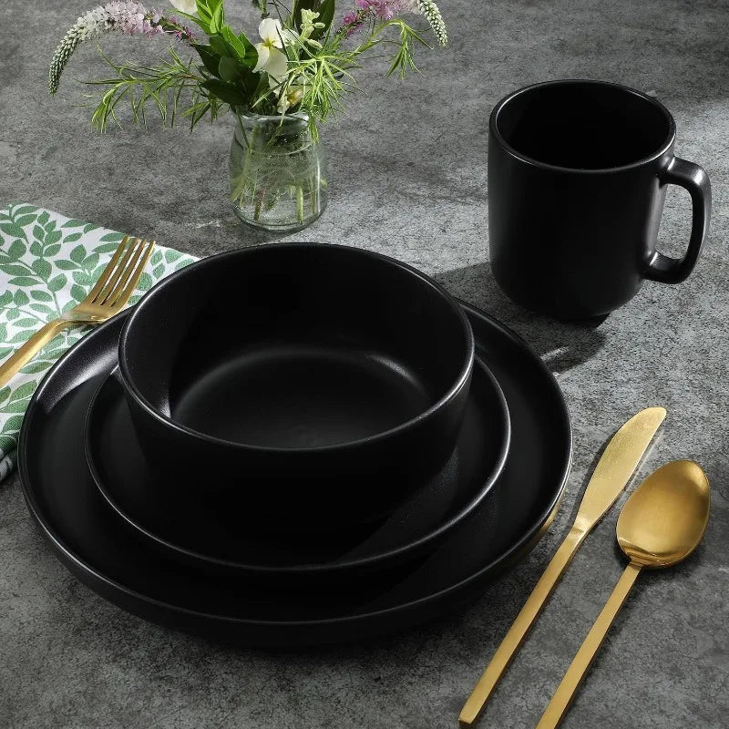 Zuma Stoneware Dinnerware Set - Matte Black for Four