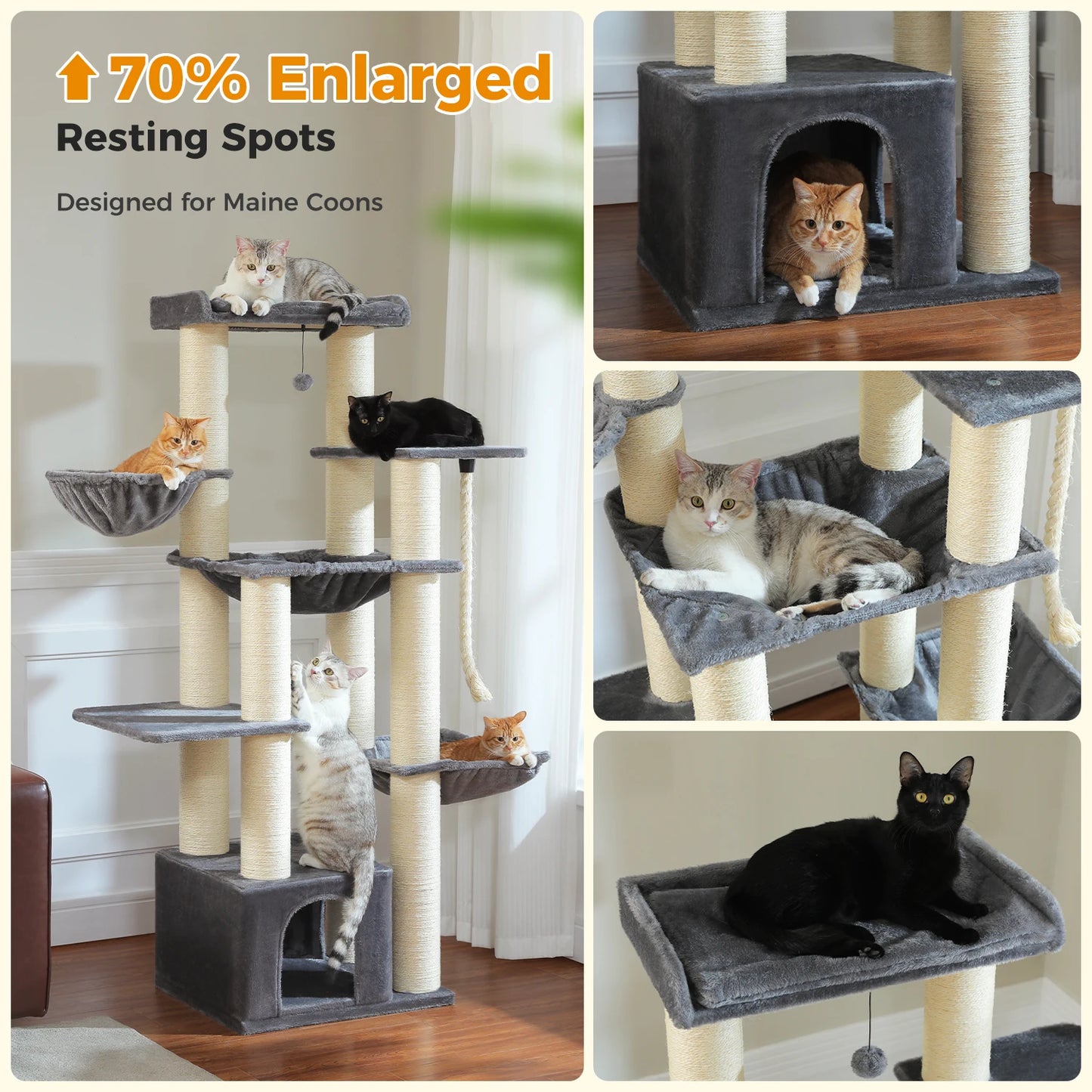Large Cat Tree for Indoor Cats Thick Scratching Posts Hammock MultiLevel Cat Condo