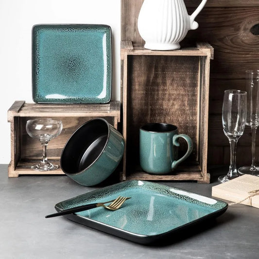 FLACKAR Square Stoneware 16pc Double Bowl Dinnerware Set
