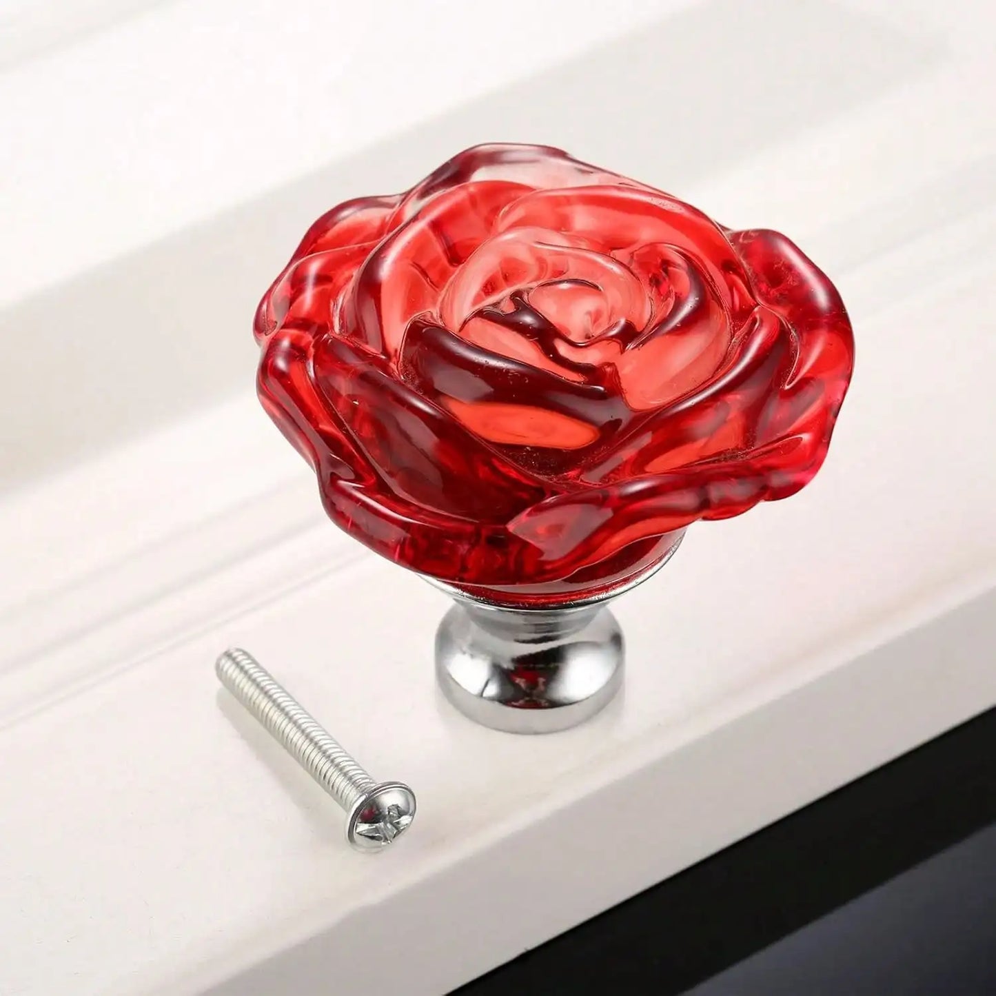 4 Pcs Red Glass Knobs Rose Shape Crystal Drawer Pulls 50mm