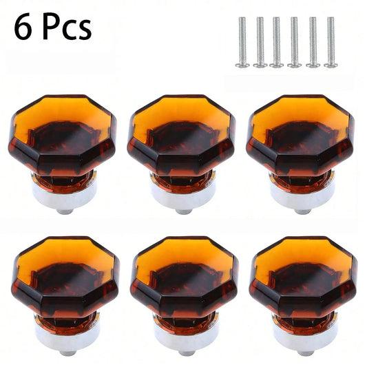 6Pcs Amber Crystal Knobs for Glass Cabinets Cupboard