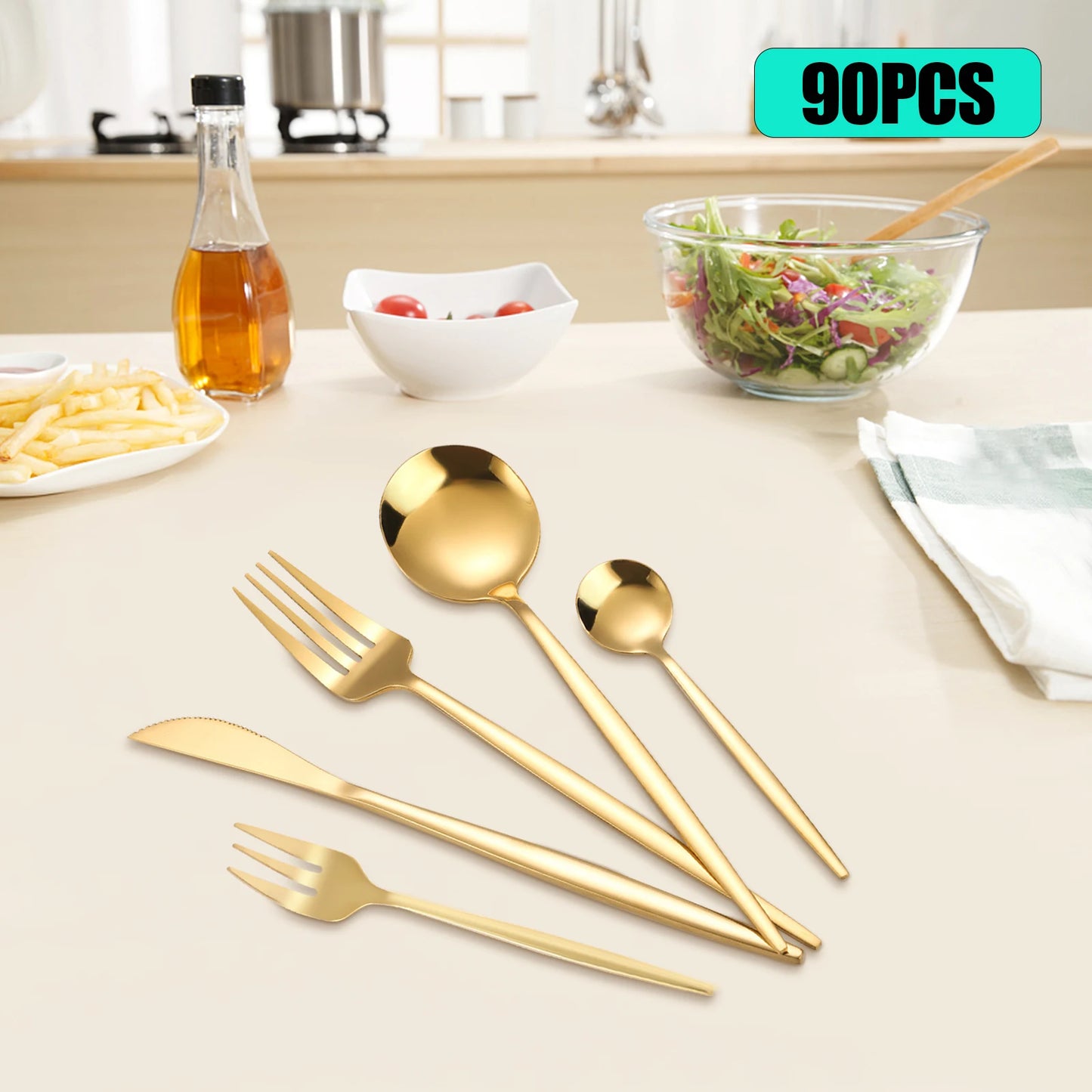 90Pcs Gold Flatware Set Stainless Steel Silverware Kitchen Cutlery Home Restaurant