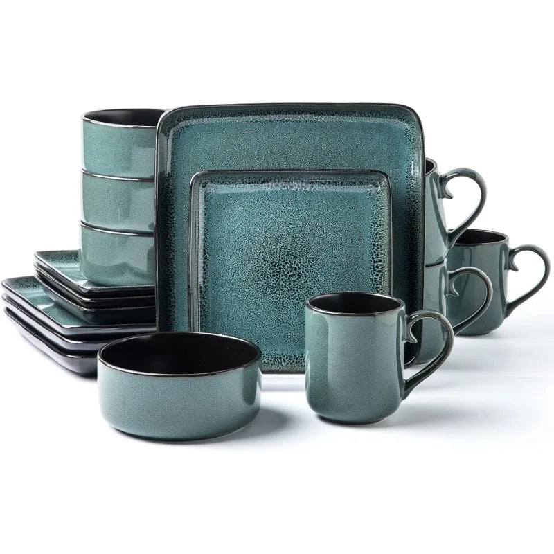 FLACKAR Square Stoneware 16pc Double Bowl Dinnerware Set