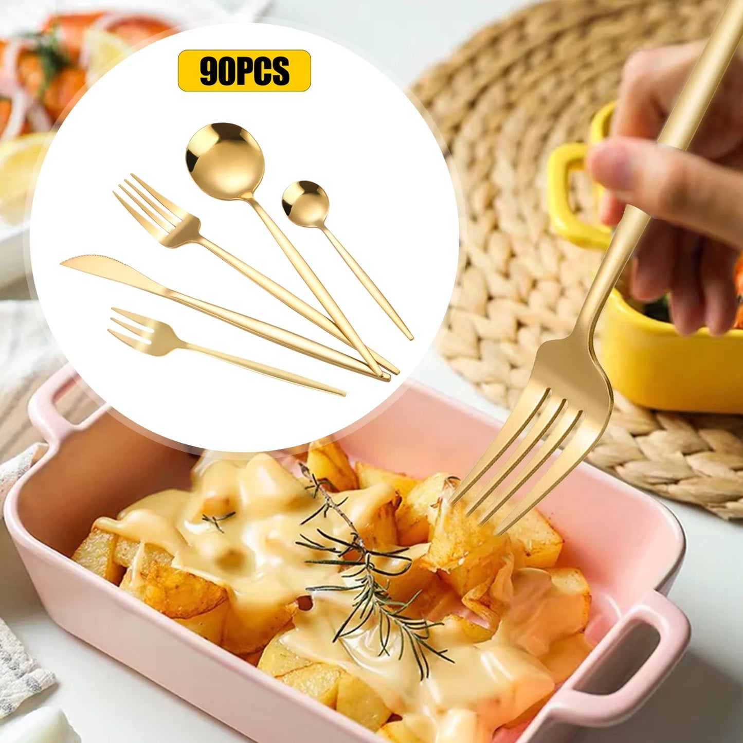 90Pcs Gold Flatware Set Stainless Steel Silverware Kitchen Cutlery Home Restaurant