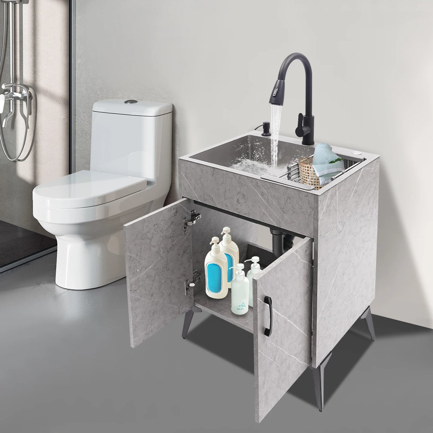 Stainless Steel Kitchen Sink with Cabinet and Faucet Portable Laundry Sink