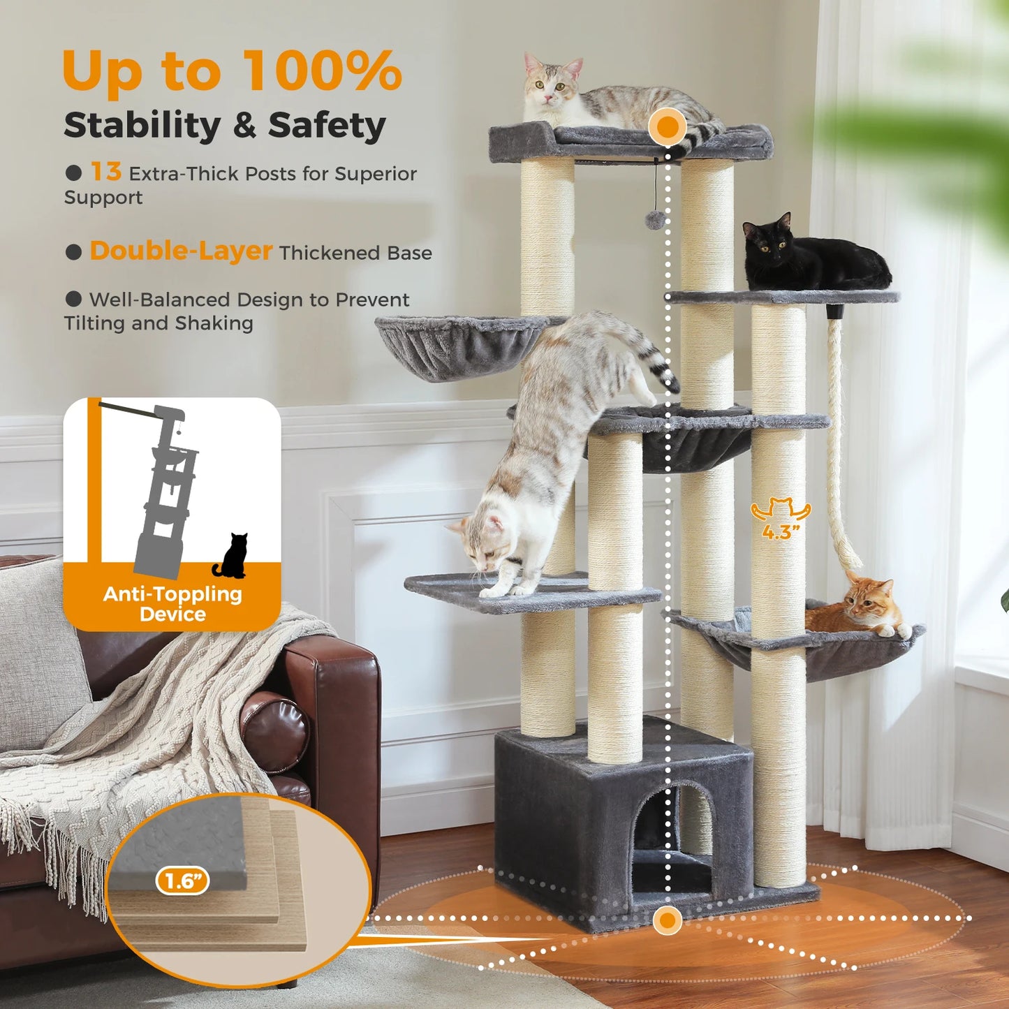 Large Cat Tree for Indoor Cats Thick Scratching Posts Hammock MultiLevel Cat Condo