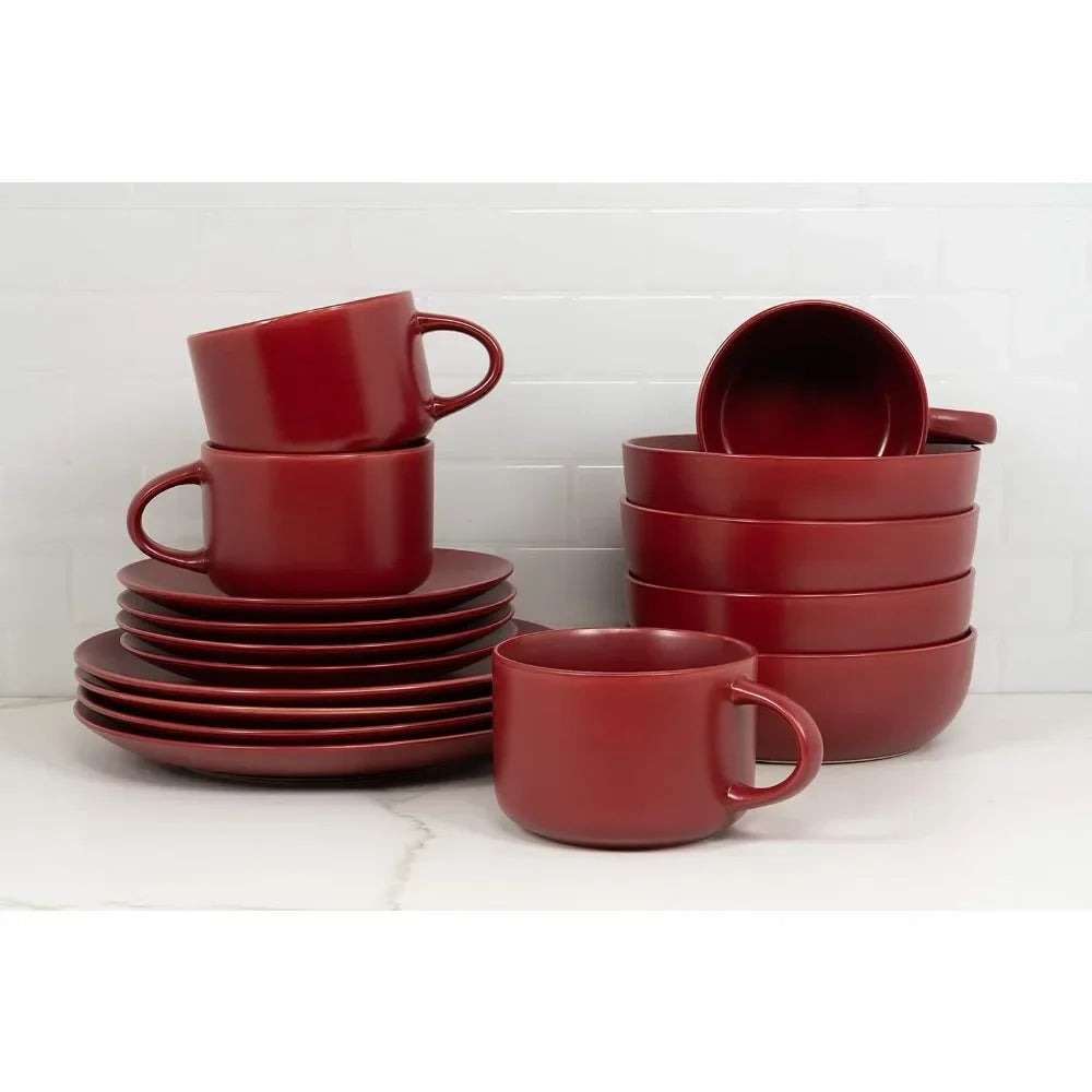 10 Wazee Matte Coupe Dinnerware Set, 16 Pc, Red Color