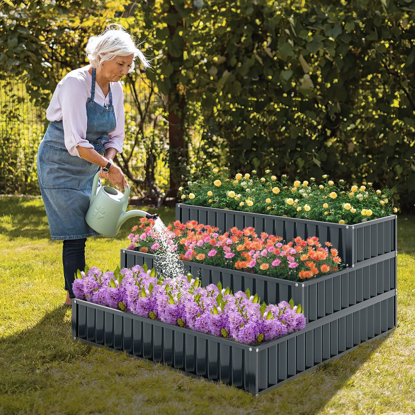 3-Tier Raised Garden Bed, 47 x 47 x 24 Metal Planter Box