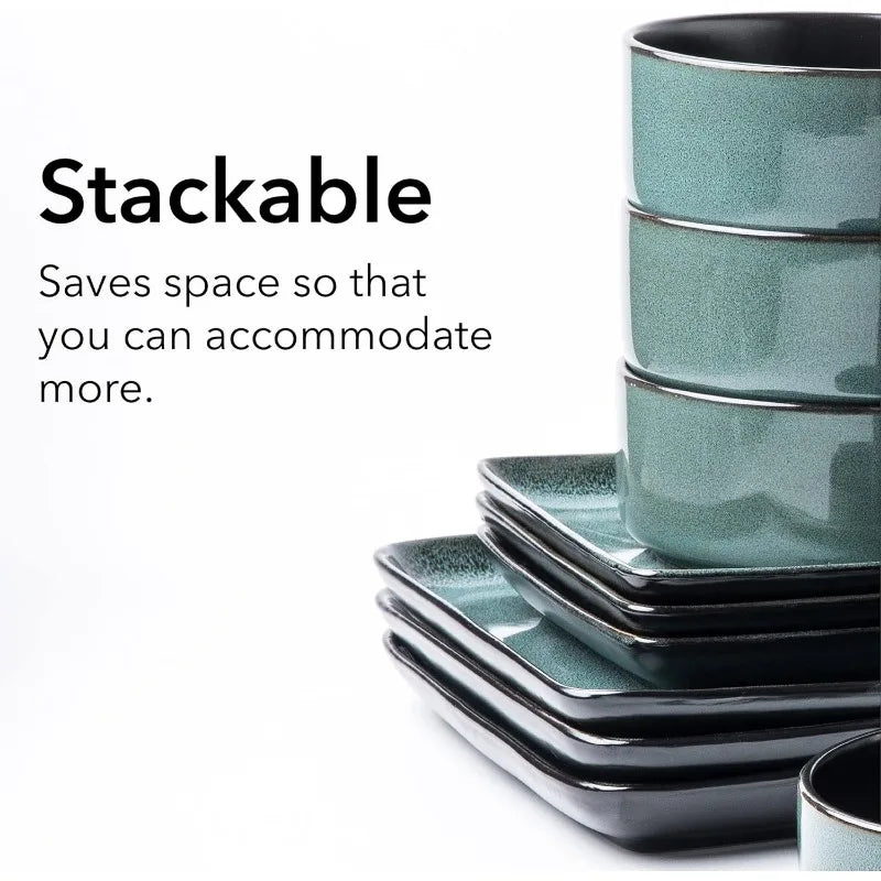 FLACKAR Square Stoneware 16pc Double Bowl Dinnerware Set