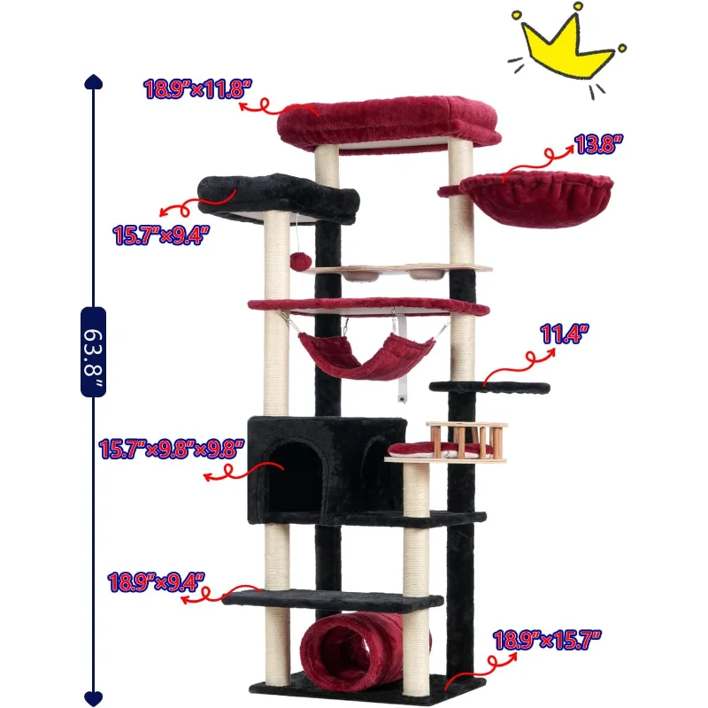 Cat Tree 64 Inch Condo for Large Adults with Food Station Scratching Post Tunnel Hammock