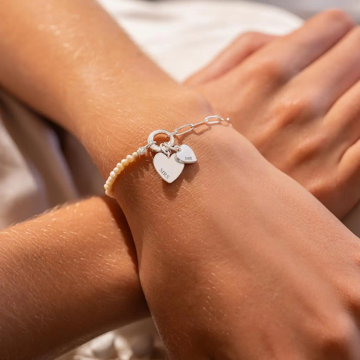 Custom Freshwater Pearl Bracelet Chain Carving Double Heart Personalized Bracelet
