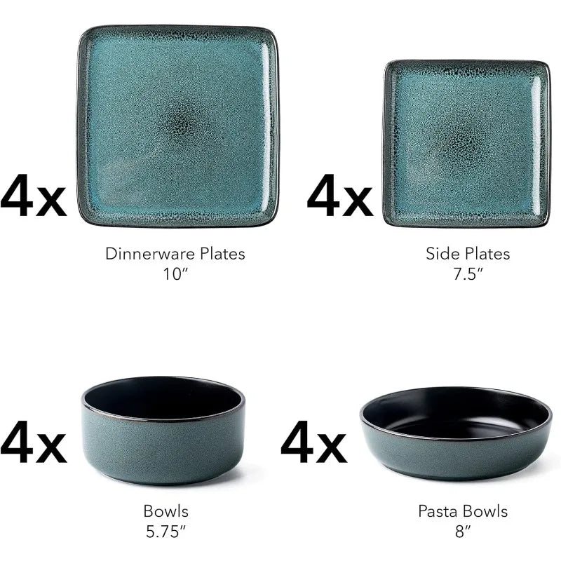 FLACKAR Square Stoneware 16pc Double Bowl Dinnerware Set
