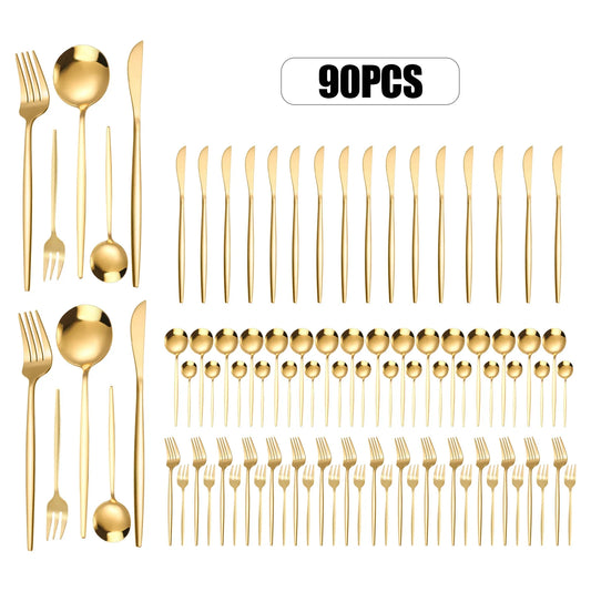 90Pcs Gold Flatware Set Stainless Steel Silverware Kitchen Cutlery Home Restaurant