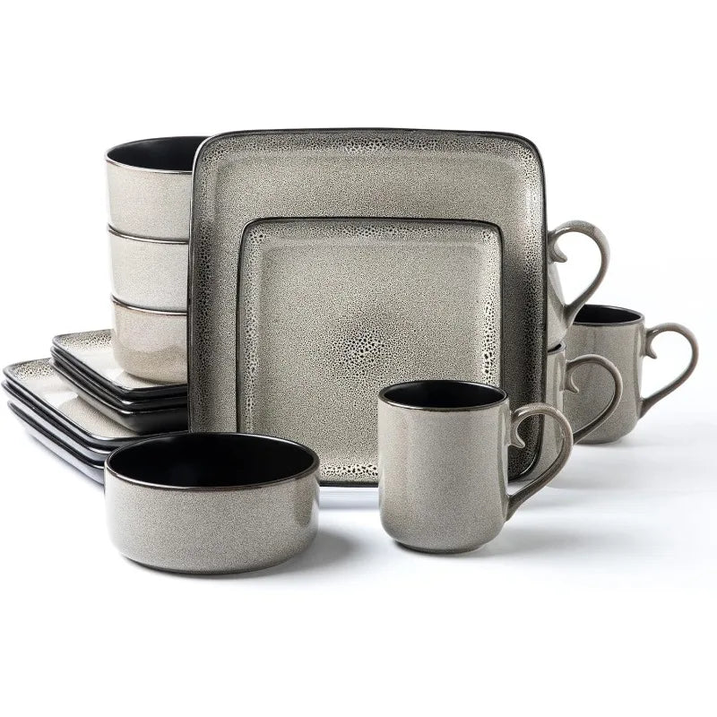 FLACKAR Square Stoneware 16pc Double Bowl Dinnerware Set