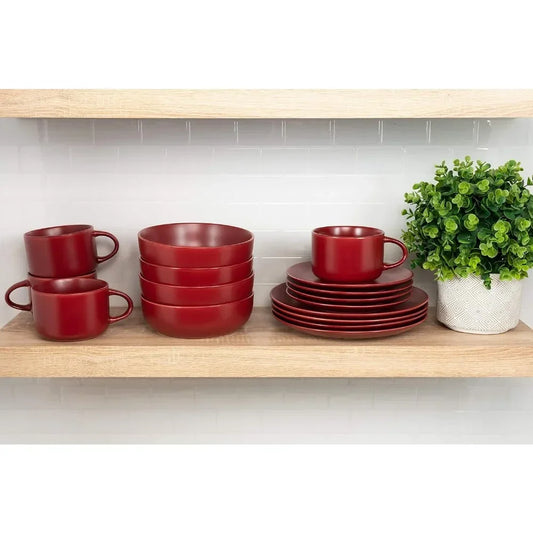10 Wazee Matte Coupe Dinnerware Set, 16 Pc, Red Color