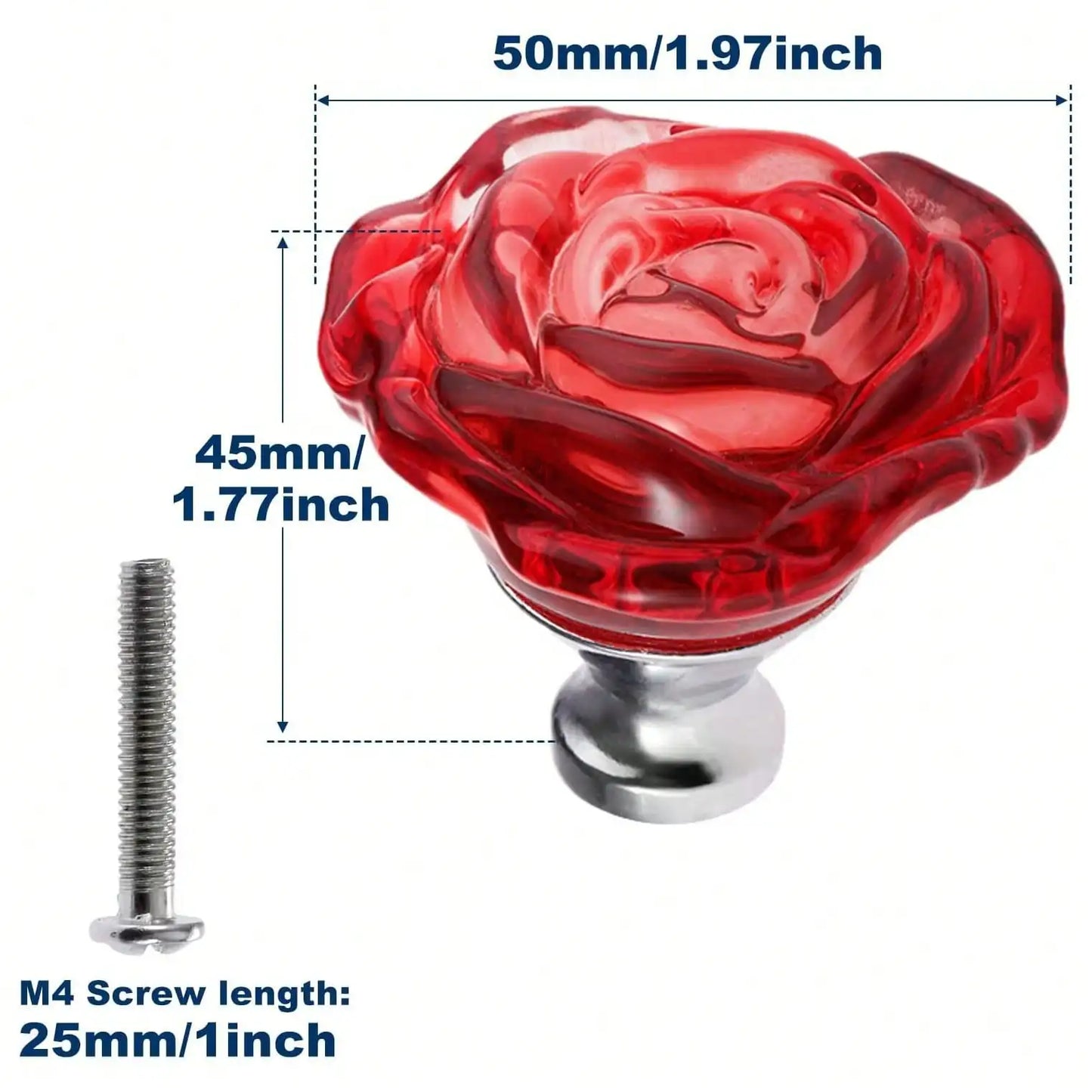 4 Pcs Red Glass Knobs Rose Shape Crystal Drawer Pulls 50mm