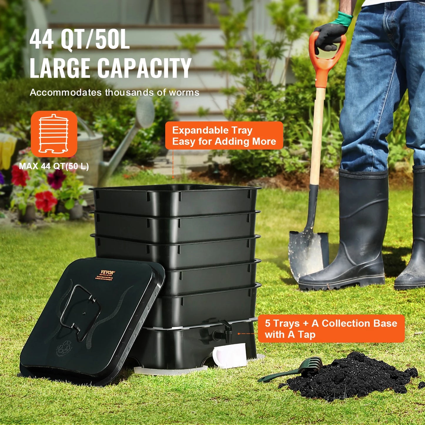 VEVOR 5-Tray Worm Composter Sustainable Design For Recycling Food Waste 5 PCS Black