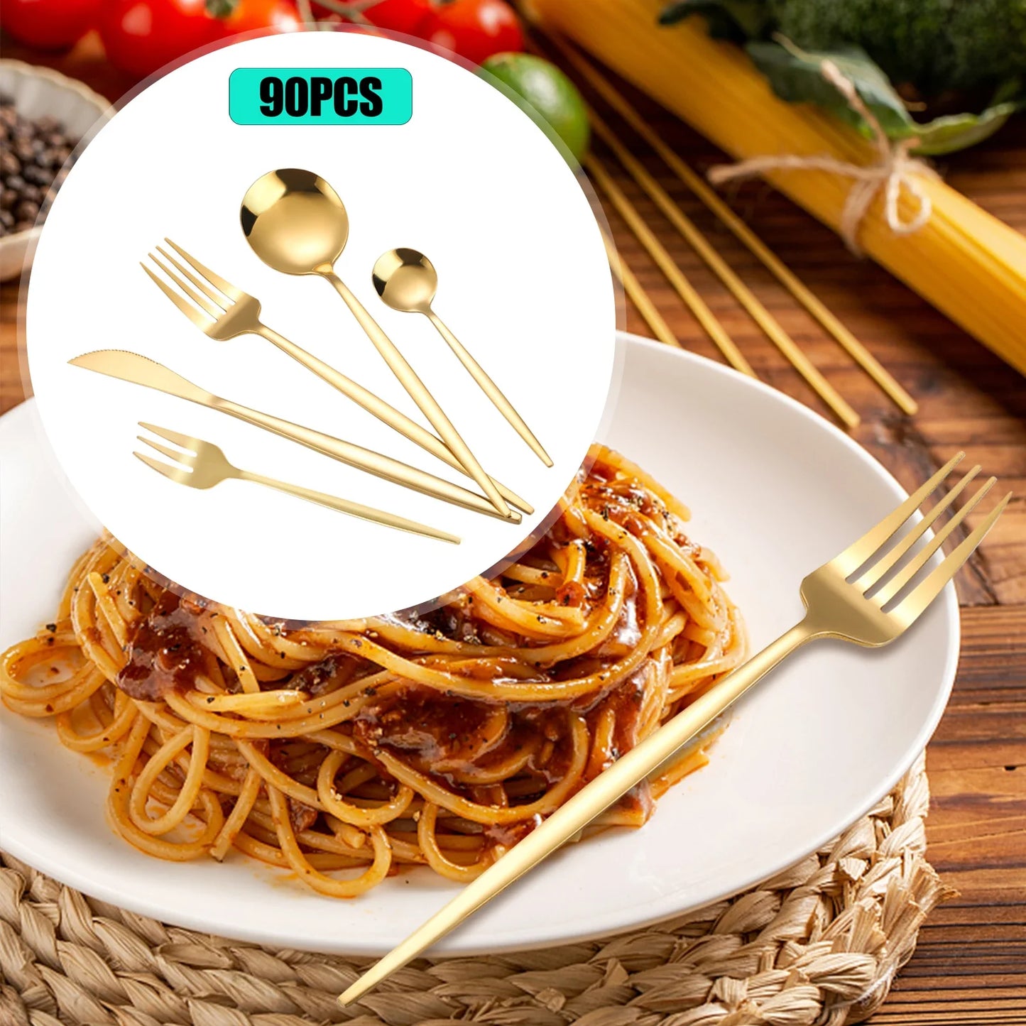 90Pcs Gold Flatware Set Stainless Steel Silverware Kitchen Cutlery Home Restaurant