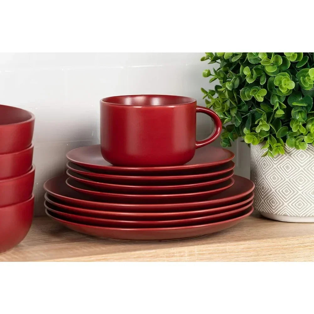 10 Wazee Matte Coupe Dinnerware Set, 16 Pc, Red Color