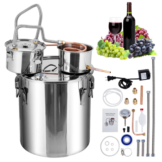 5Gal Stainless Alcohol Distiller w Thermometer Copper Tube Pump