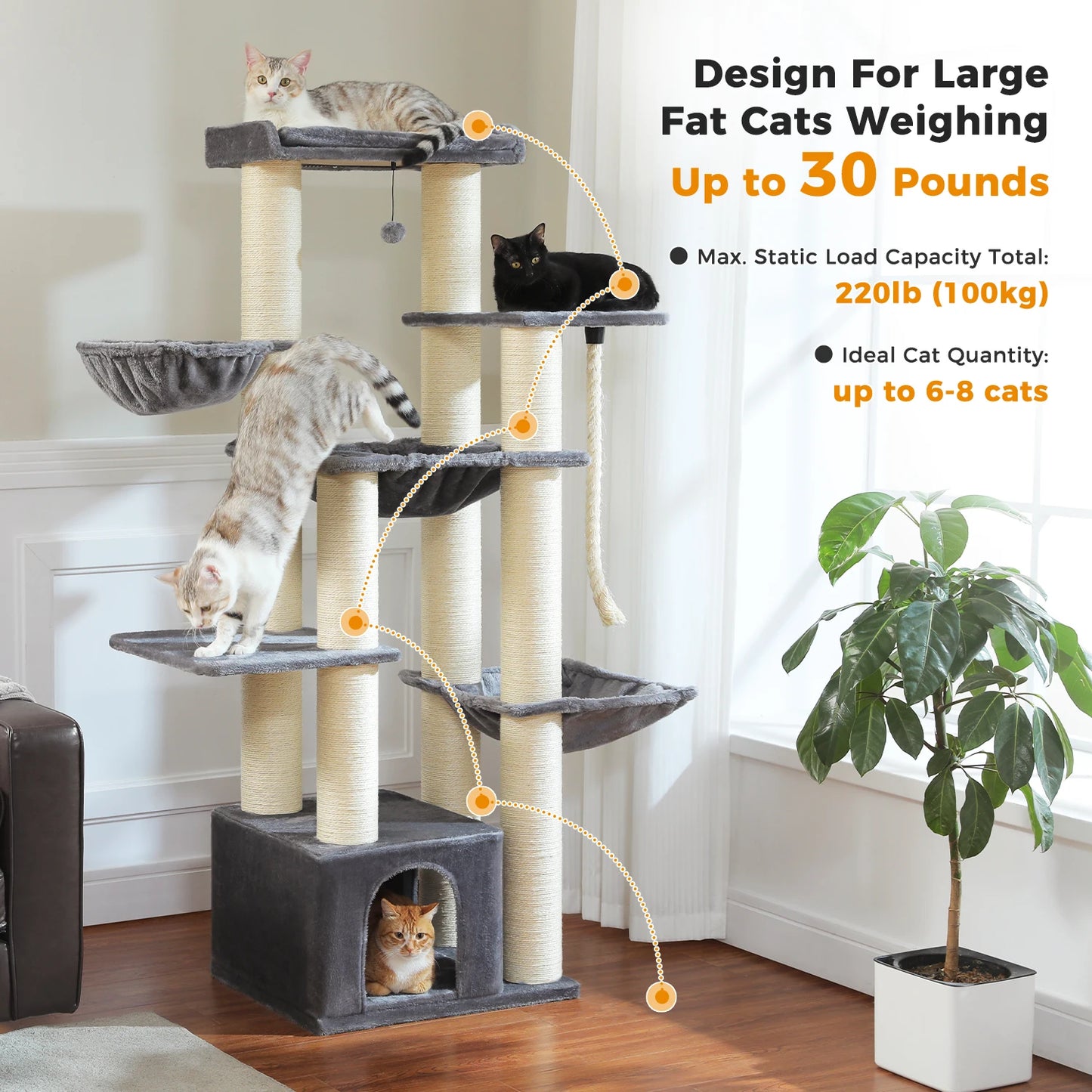 Large Cat Tree for Indoor Cats Thick Scratching Posts Hammock MultiLevel Cat Condo